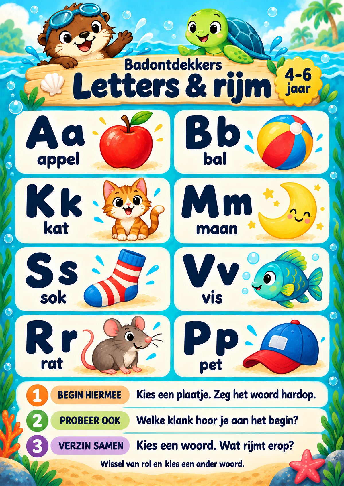 Letters & rijm voor 4–6 jaar, waterbestendige A3-badposter