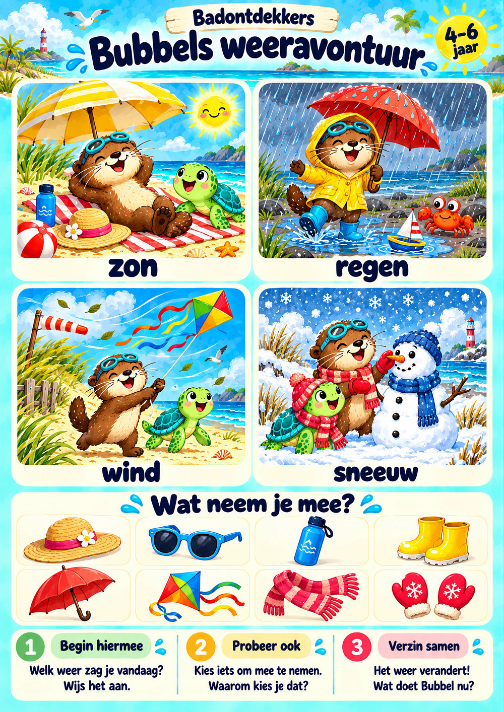 Bubbels weeravontuur voor 4–6 jaar, waterbestendige A3-badposter