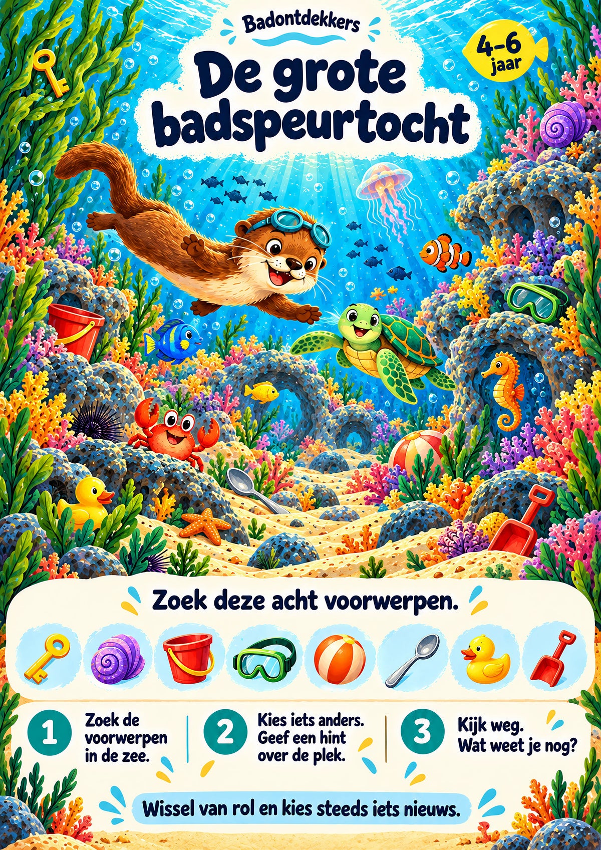 De grote badspeurtocht voor 4–6 jaar, waterbestendige A3-badposter
