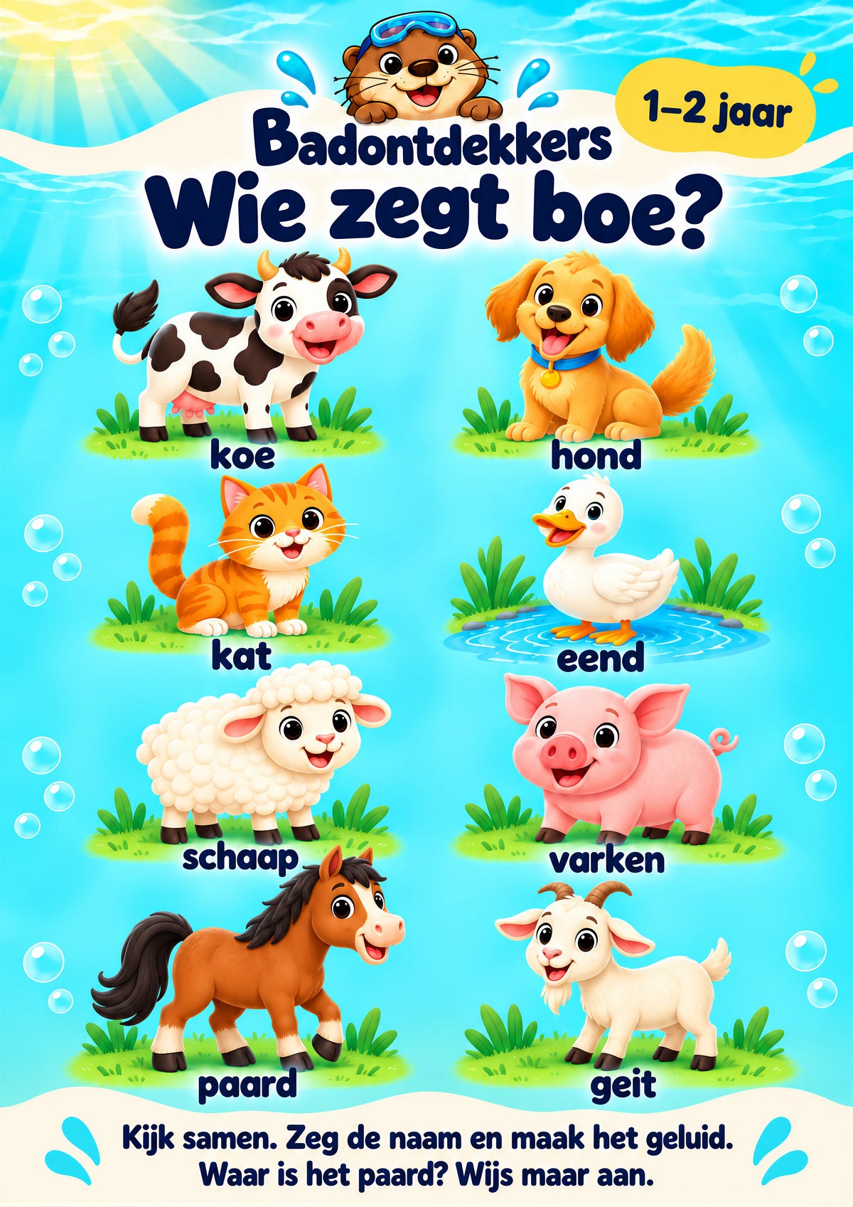 Wie zegt boe? voor 1–2 jaar, waterbestendige A3-badposter
