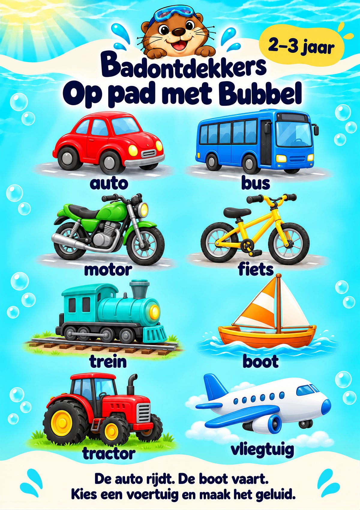Op pad met Bubbel voor 2–3 jaar, waterbestendige A3-badposter